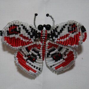 Butterfly Hand Beaded Barrette Hair Clip Red, Black, White, and silver 4 1/2"